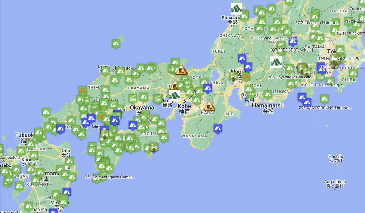 screenshot of a free camping in japan map