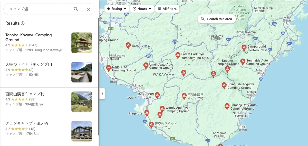 screenshot of google maps search for campsites in japan