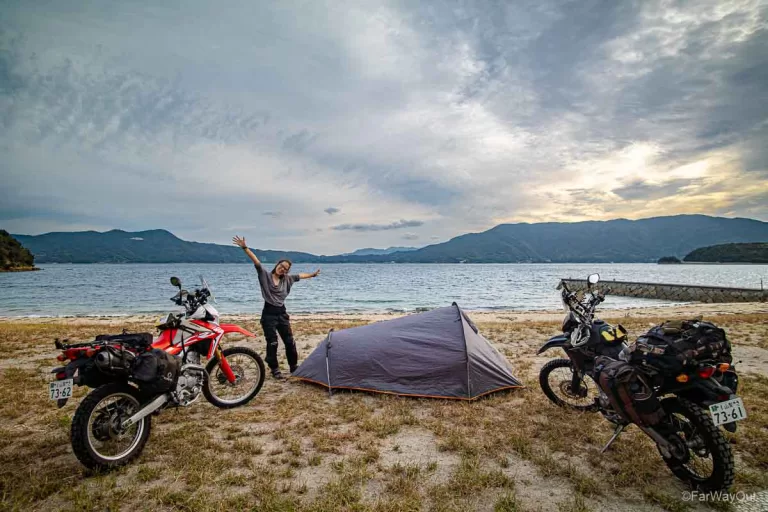 motorcycle camping on a beach in japan