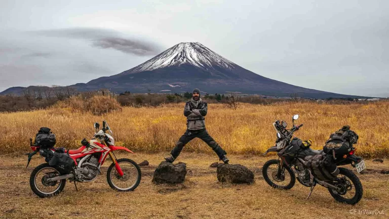 two motorcycles in front of mt fuji in japan